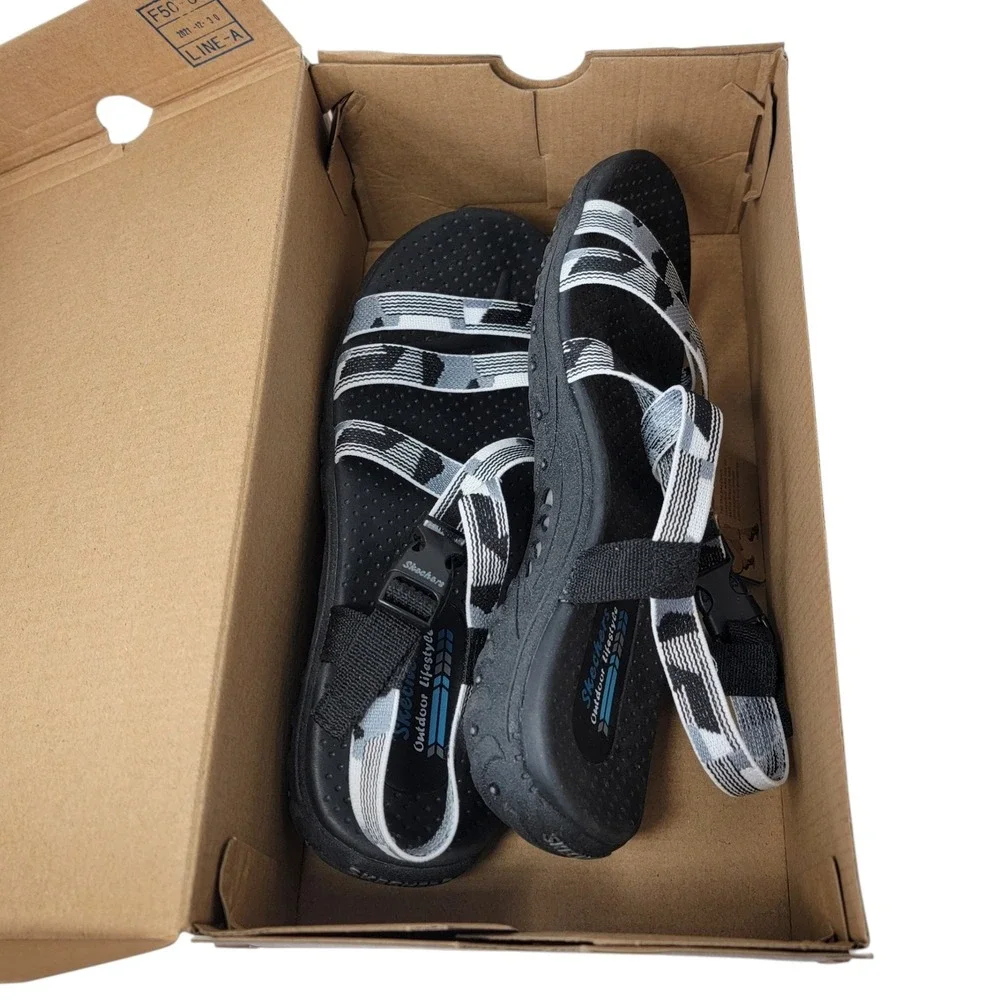Skechers Reggae Color Fuze Sandals Womens‎ 8 Black White Outdoor Strappy New